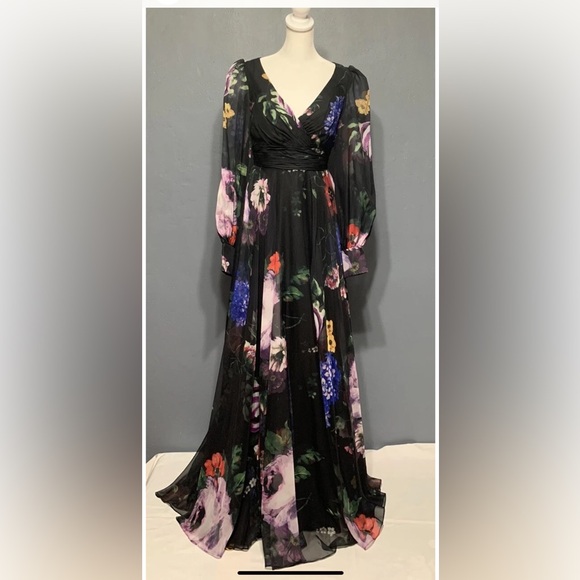 Mac Duggal Sz 2 Black Floral Print Chiffon Long Sleeve Maxi Dress - Picture 3 of 11